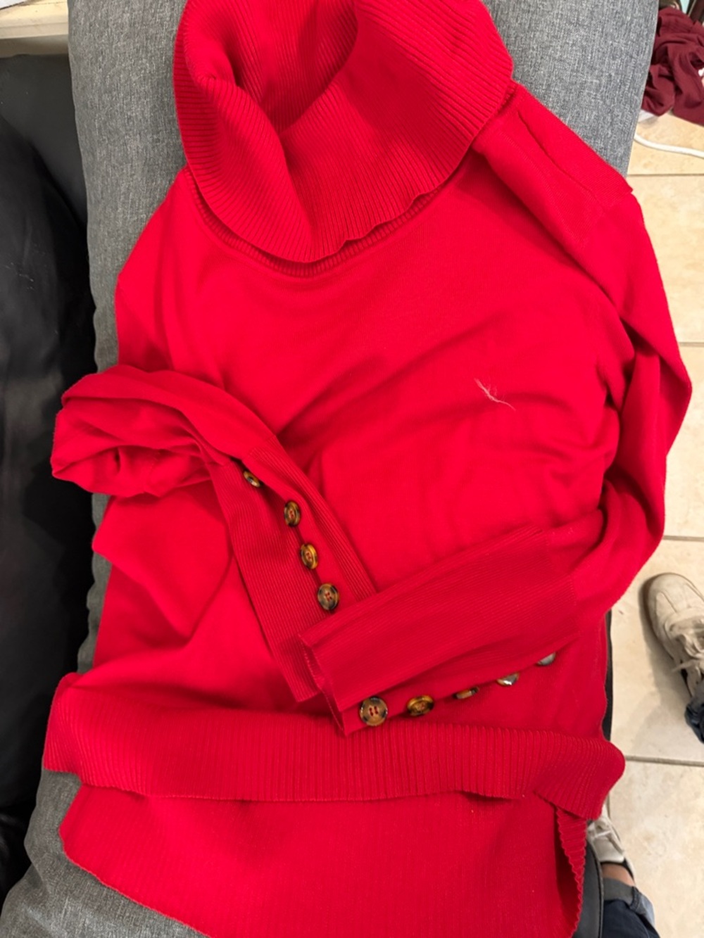 Cable & Gauge Bright Red Cowlneck Sweater with Button Sleeve Accents